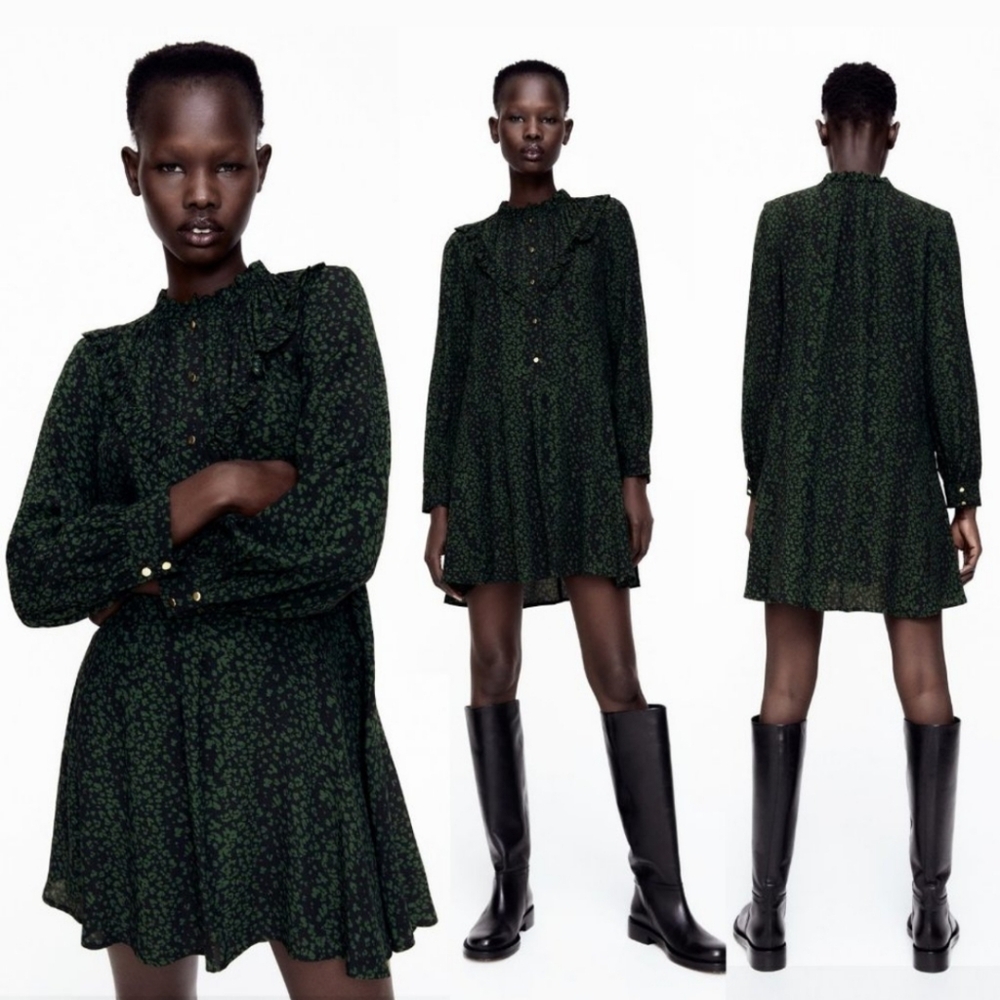 ZARA Leopard Print Ruffle Mini Dress Green/Black Sz:  L